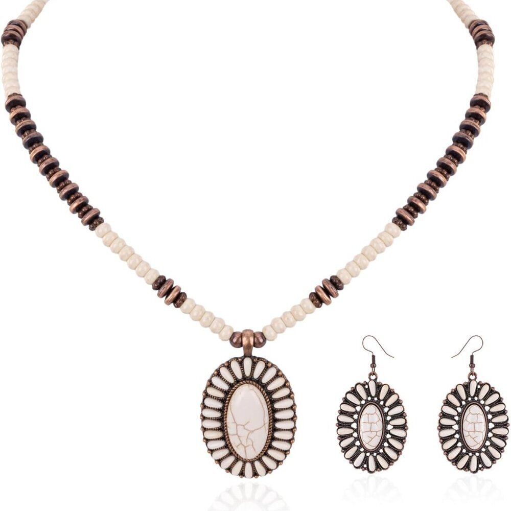 Western Jewelry Set Women Concho Necklace Earring Metal Turquoise Vintage
